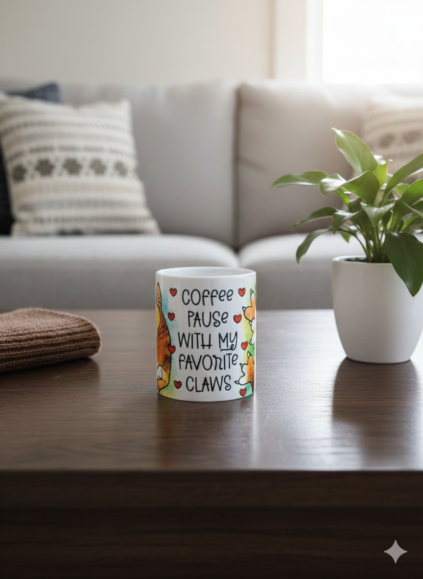 White mug featuring text about 'claws' and small hearts, centred on a dark mahogany wooden surface. Grey sofa in background.