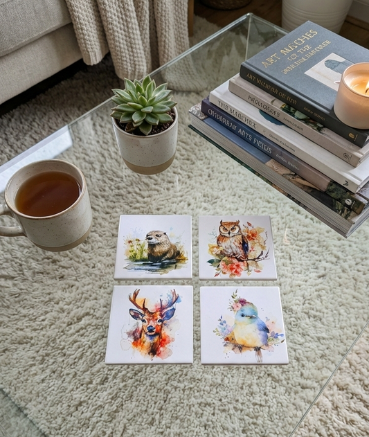 Four square coasters with colourful watercolour animal prints on a glass table with a succulent and grey books.