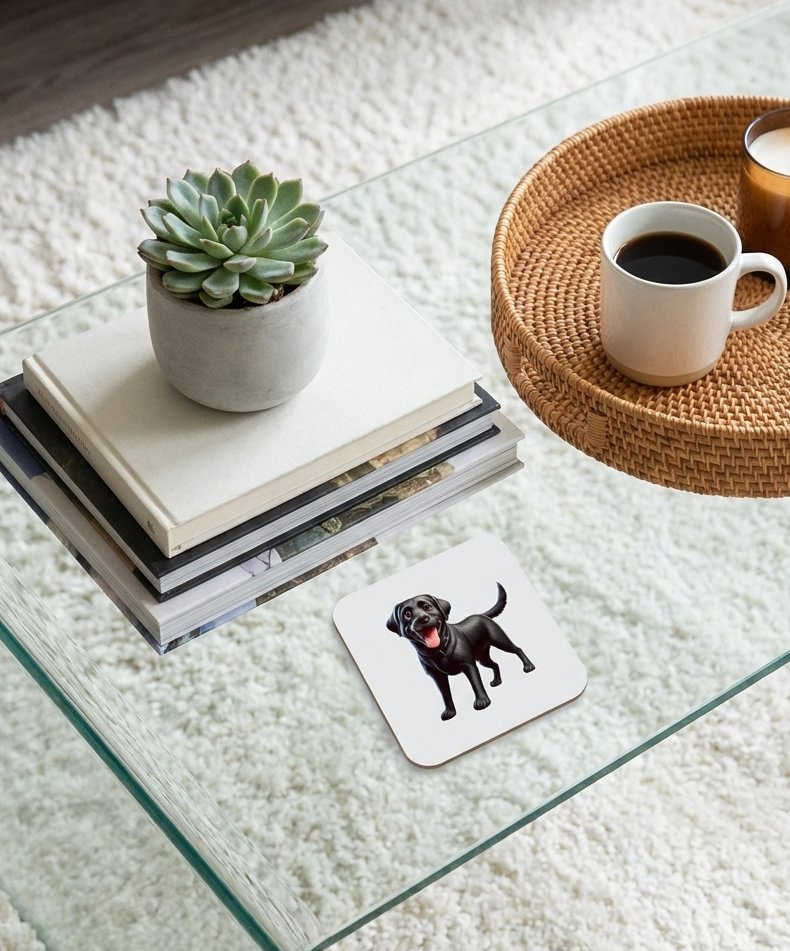 Black Labrador dog coaster on a glass table next to a stack of books and a white coffee cup in a wicker tray.