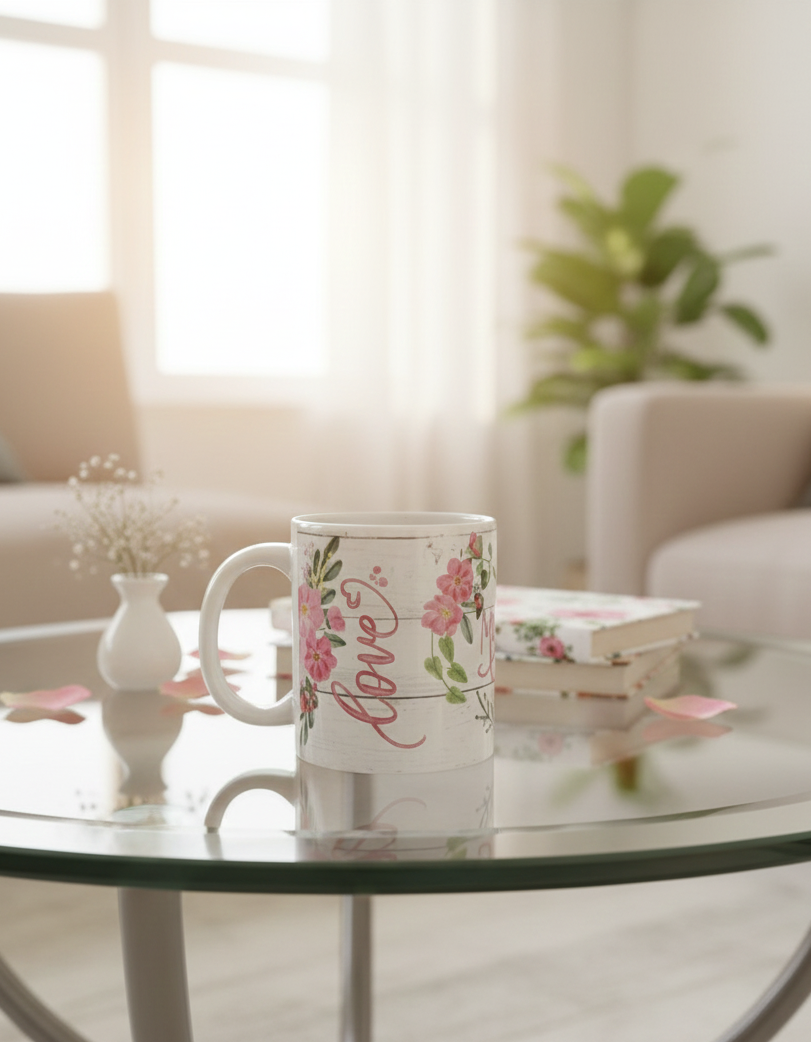 A white ceramic mug with floral designs and the word "Love" sits on a glass coffee table in a sunlit living room