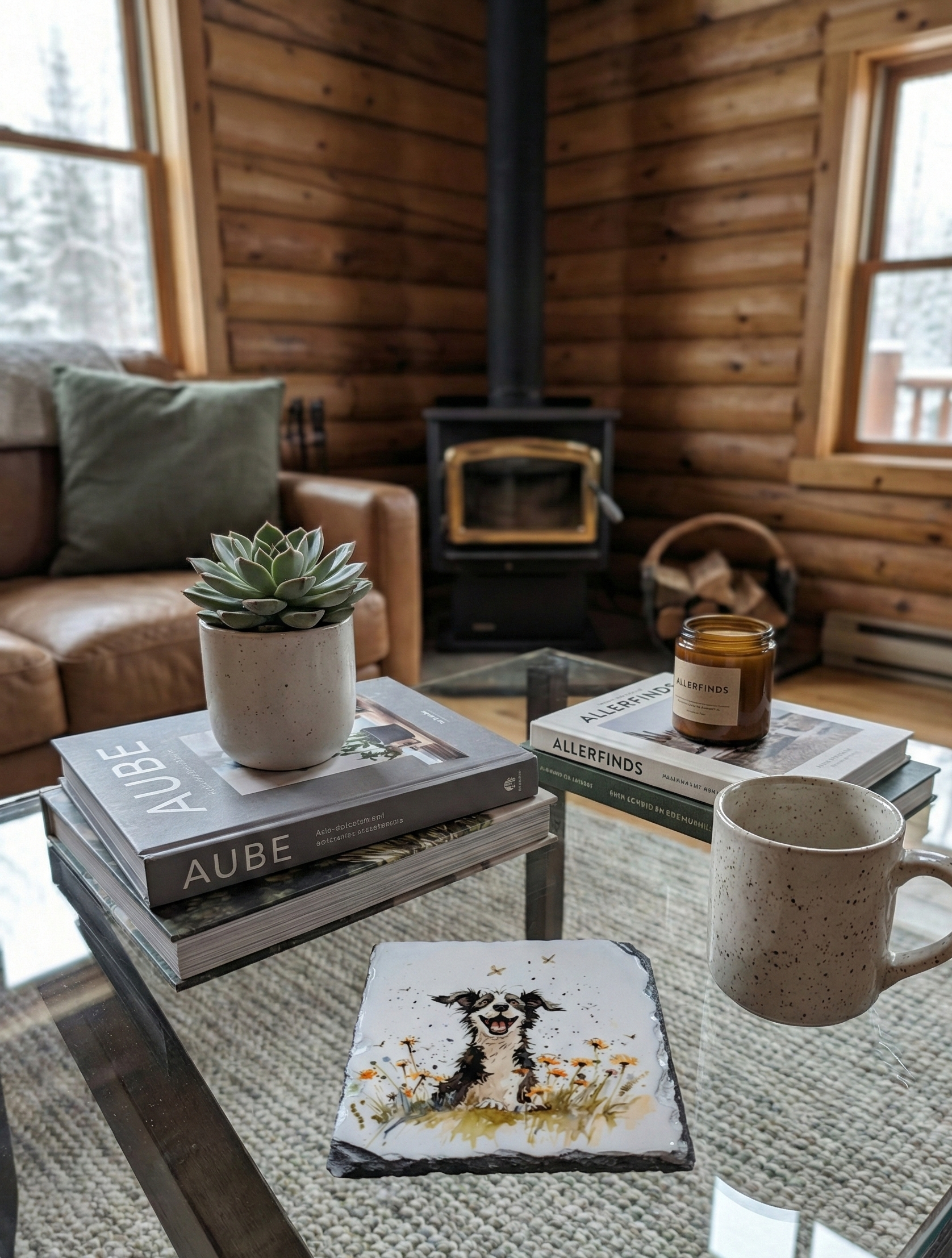 Square coaster depicting a black and white dog in flowers, on a glass table in a rustic timber room.