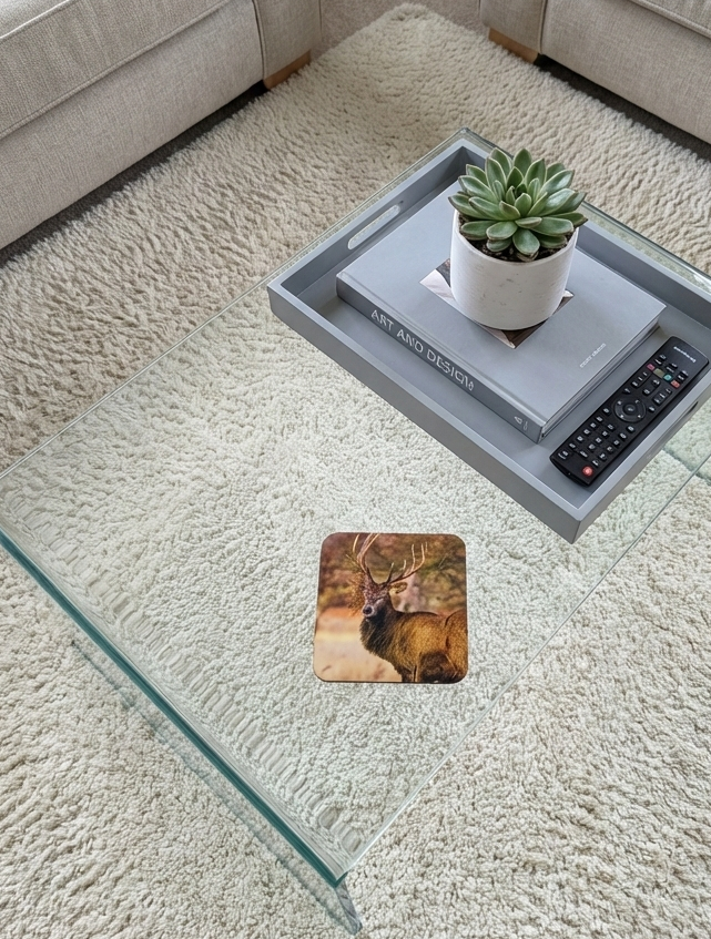 A square stag coaster on a glass coffee table beside a grey tray with a book, black remote, and green succulent.