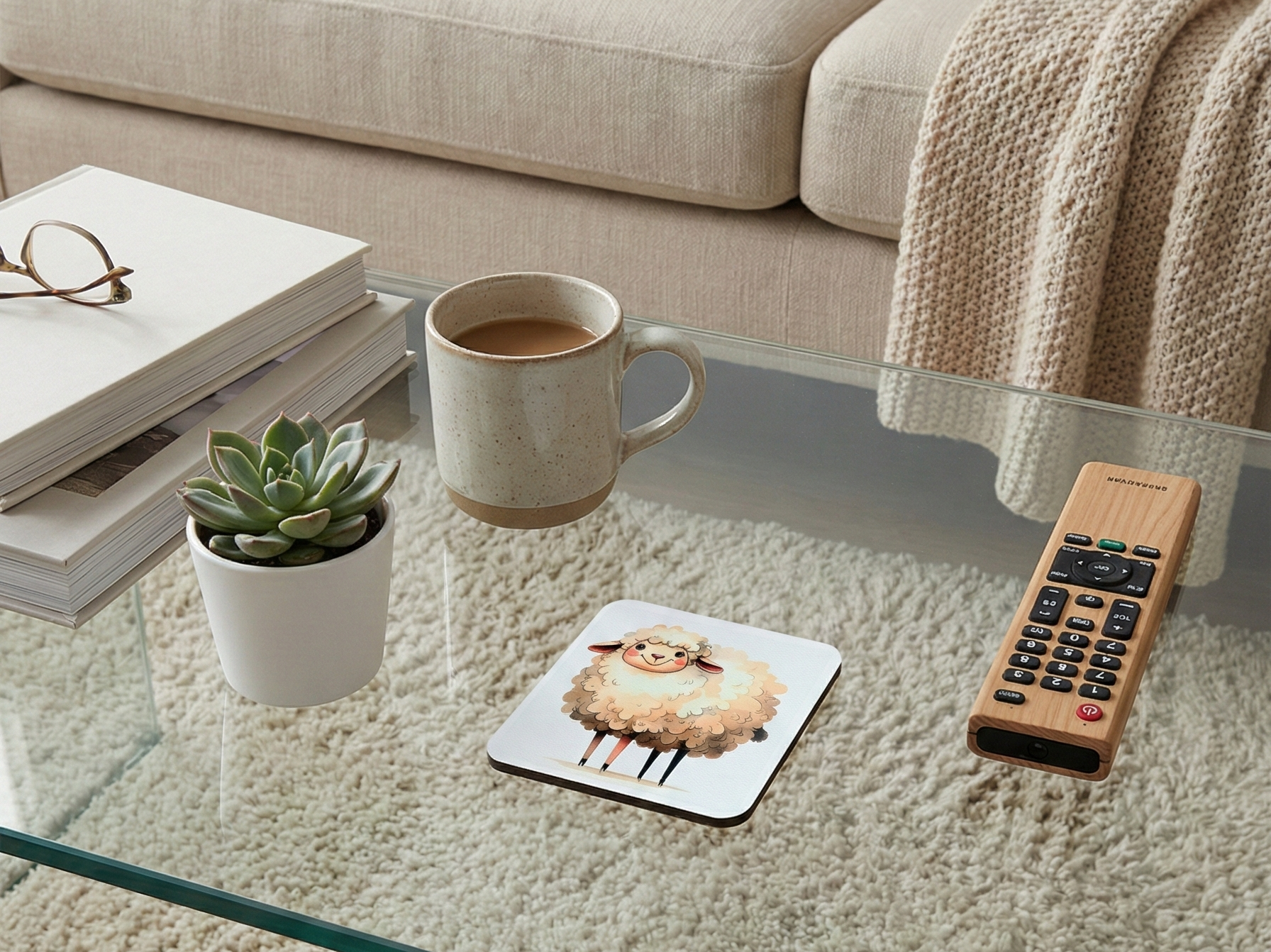 Square white coaster with a fluffy cream sheep on a glass table beside a speckled mug and light-wood remote.