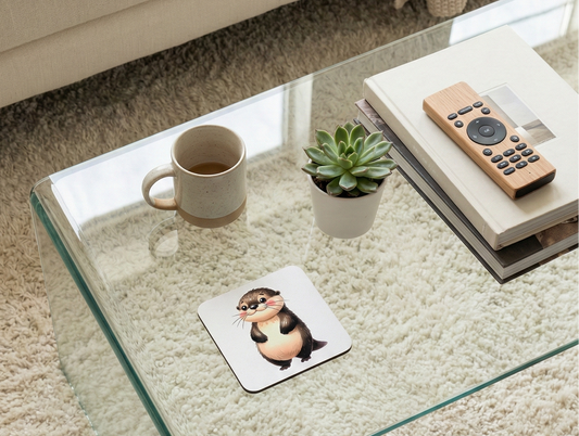 White square coaster with a brown cartoon otter on a glass table beside a speckled mug and green succulent.