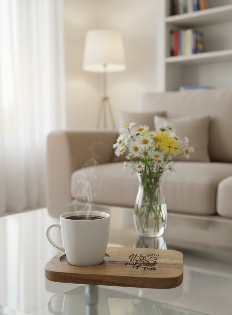 Steaming white mug sits on a rich, dark wooden board. A vase of white and yellow daisies stands nearby on a glass table.