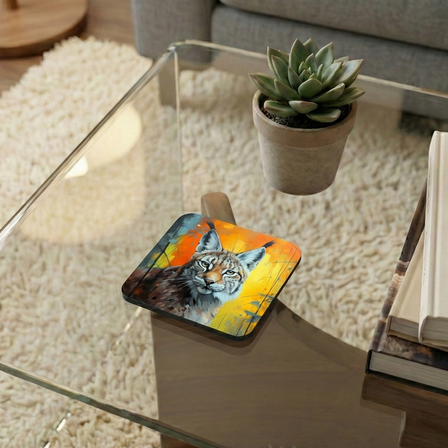 Square coaster featuring a painting of a lynx with pointed ears against a vibrant yellow, orange, and Grey background. Expressive style.