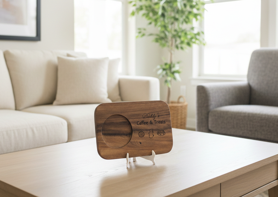 Rectangular dark brown wooden board with a circular coaster recess, displayed upright on a white stand on a light wood table.