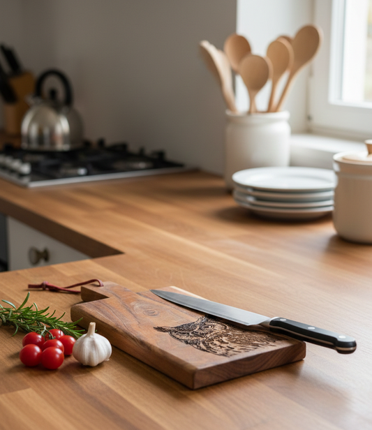 Richly grained wooden cutting board featuring an engraved owl and a silver knife, surrounded by garlic and tomatoes.