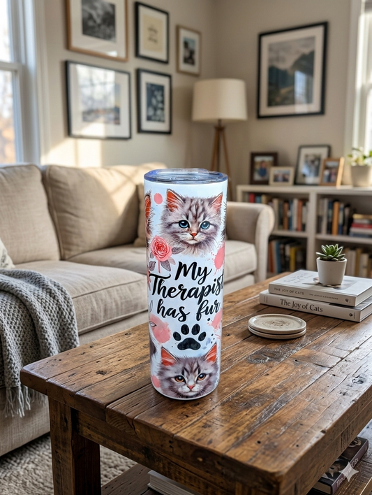 Tall white tumbler with grey kitten illustrations and pink roses on a rustic wooden table in a neutral-toned room.