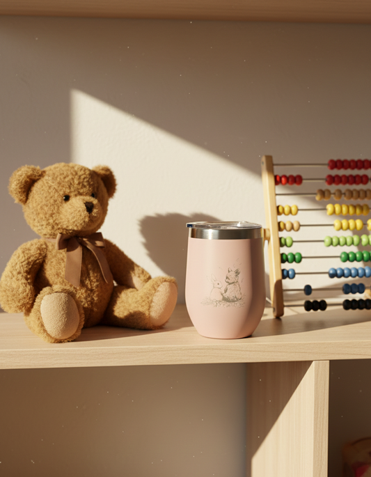 A pale pink, egg-shaped tumbler with a drawing, next to a fluffy brown teddy bear and a colourful wooden abacus.