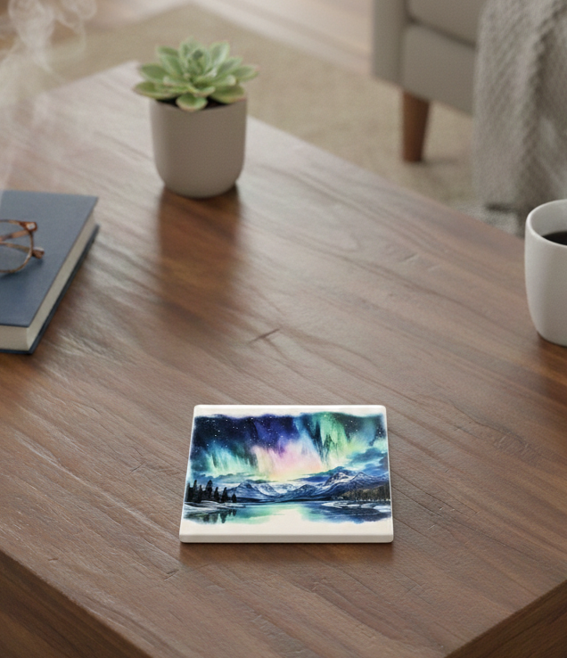 Square coaster featuring a vibrant green, blue and pink northern lights scene over dark mountains on a wooden table.