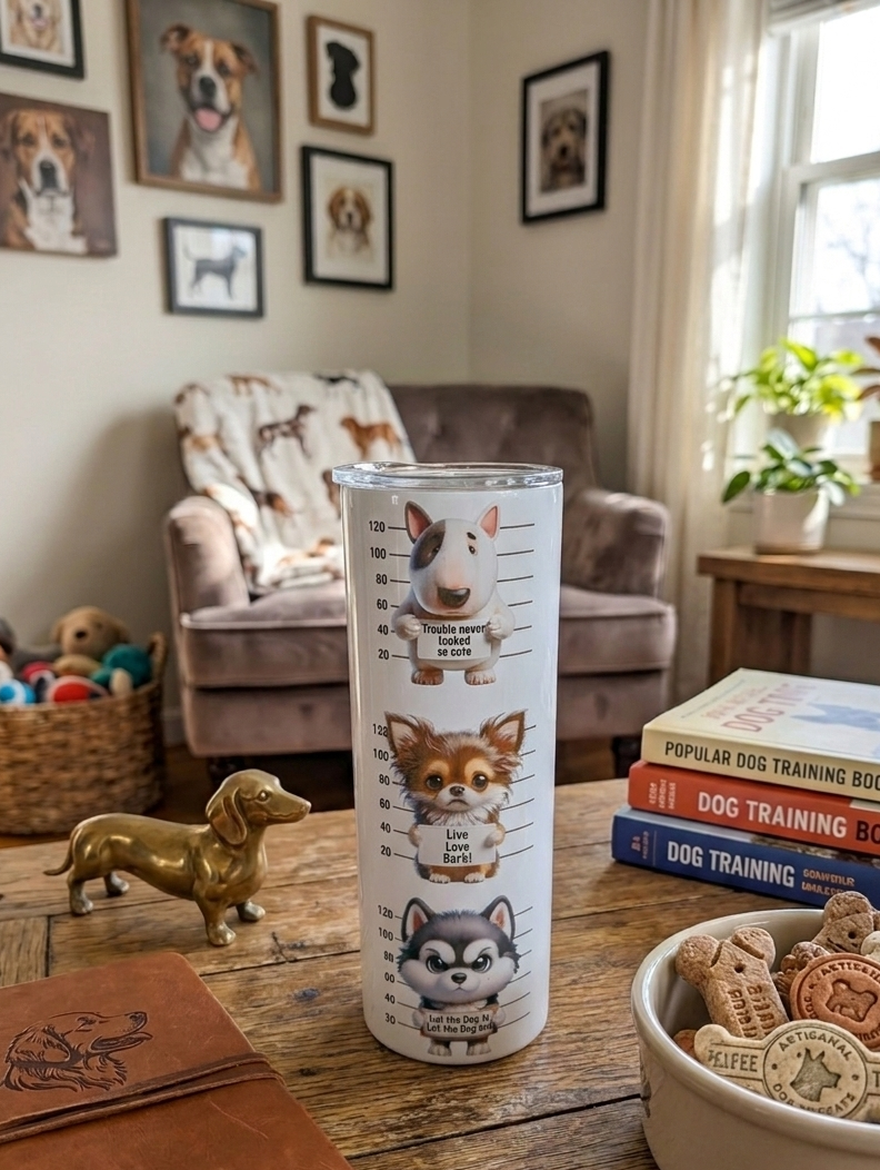 White tumbler with dog lineup graphics on a wooden table next to dog training books and a bowl of bone-shaped treats.