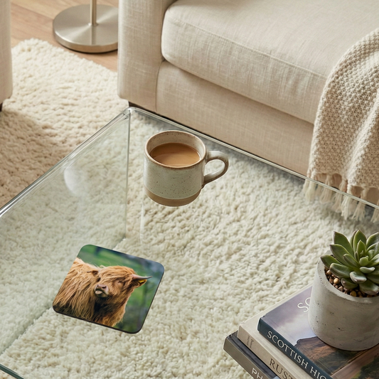 Square coaster with a ginger Highland cow pulling a face on a glass table. Cream mug and beige textured sofa.
