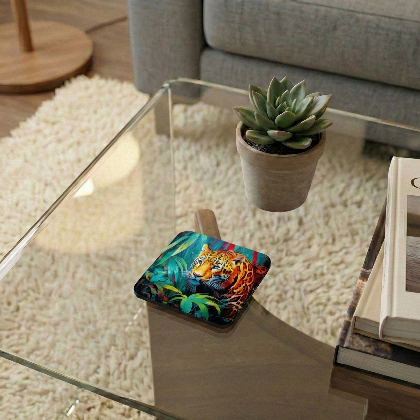 Square coaster featuring a detailed painting of a leopard set against lush, dark green and teal jungle leaves. Rich Colour palette.