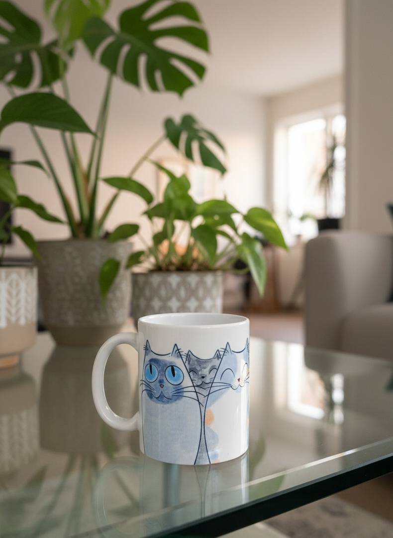 White ceramic mug on glass table, showing three blue and grey cartoon cats with large blue eyes.