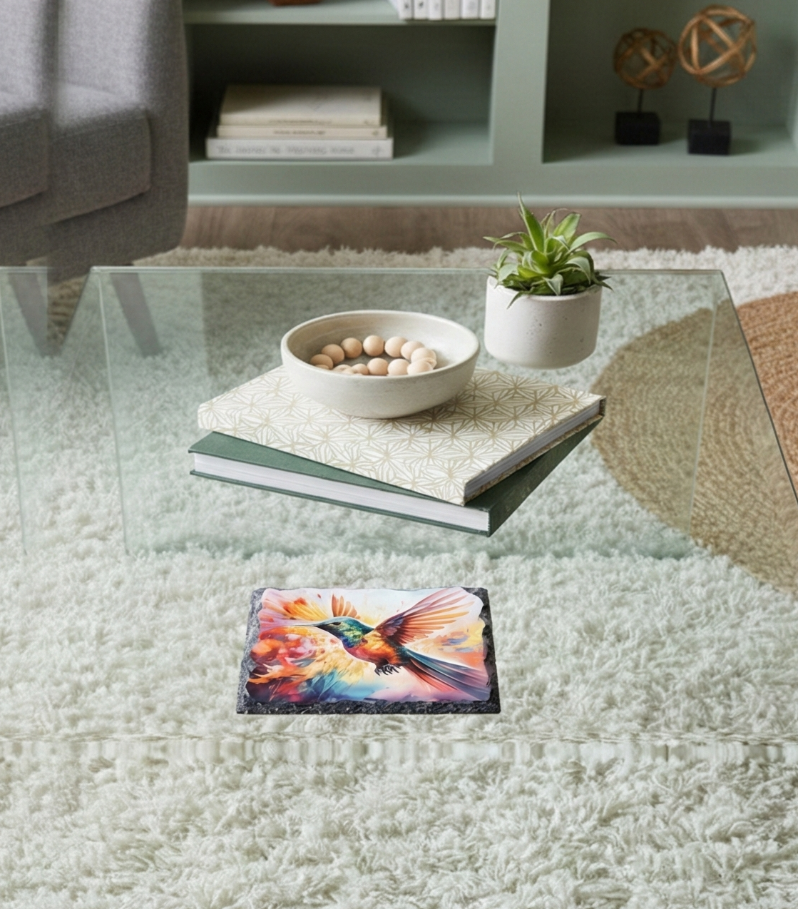 Square slate coaster featuring a hummingbird against a swirling background of rich orange, yellow, and red colours.
