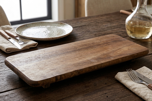 A rectangular Acacia Display Platter 37 x 15.jpeg with a natural wood grain and rounded edges, elevated on a dark rustic wooden dining table. The lifestyle setting includes a glass carafe, ceramic plates, and linen napkins with cutlery.