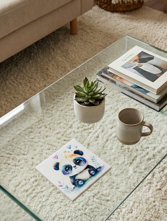 A cartoon watercolour panda coaster rests on a glass table. Surrounding items include a succulent, a speckled mug, and a shaggy rug.