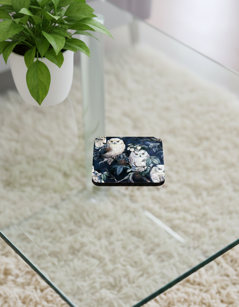Square coaster with a dark blue owl and flower illustration on a glass table beside a green plant in a pot.