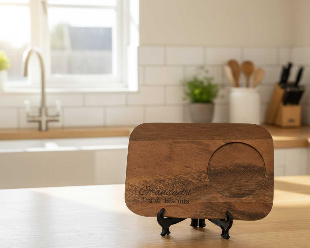 Dark brown, rectangular wood board with smooth grain, recessed coaster circle, and engraving. Displayed on a black stand.