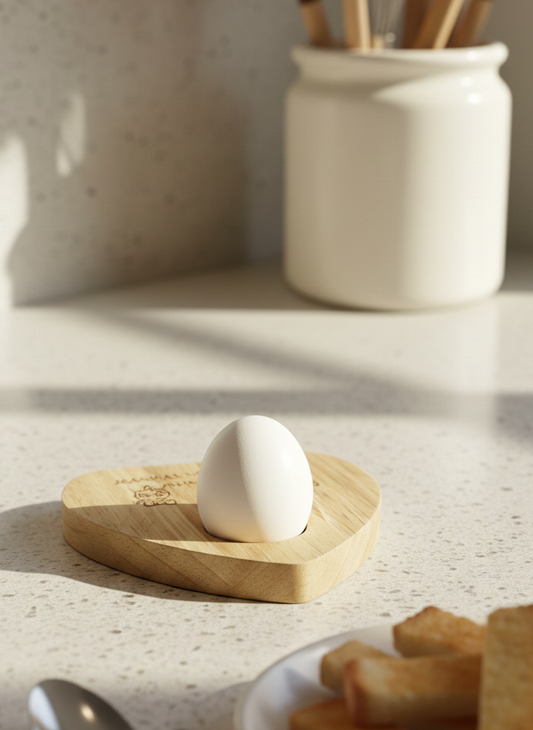White egg sits in a heart-shaped, grain-textured wooden cup on a speckled light Grey kitchen counter under bright sunlight.