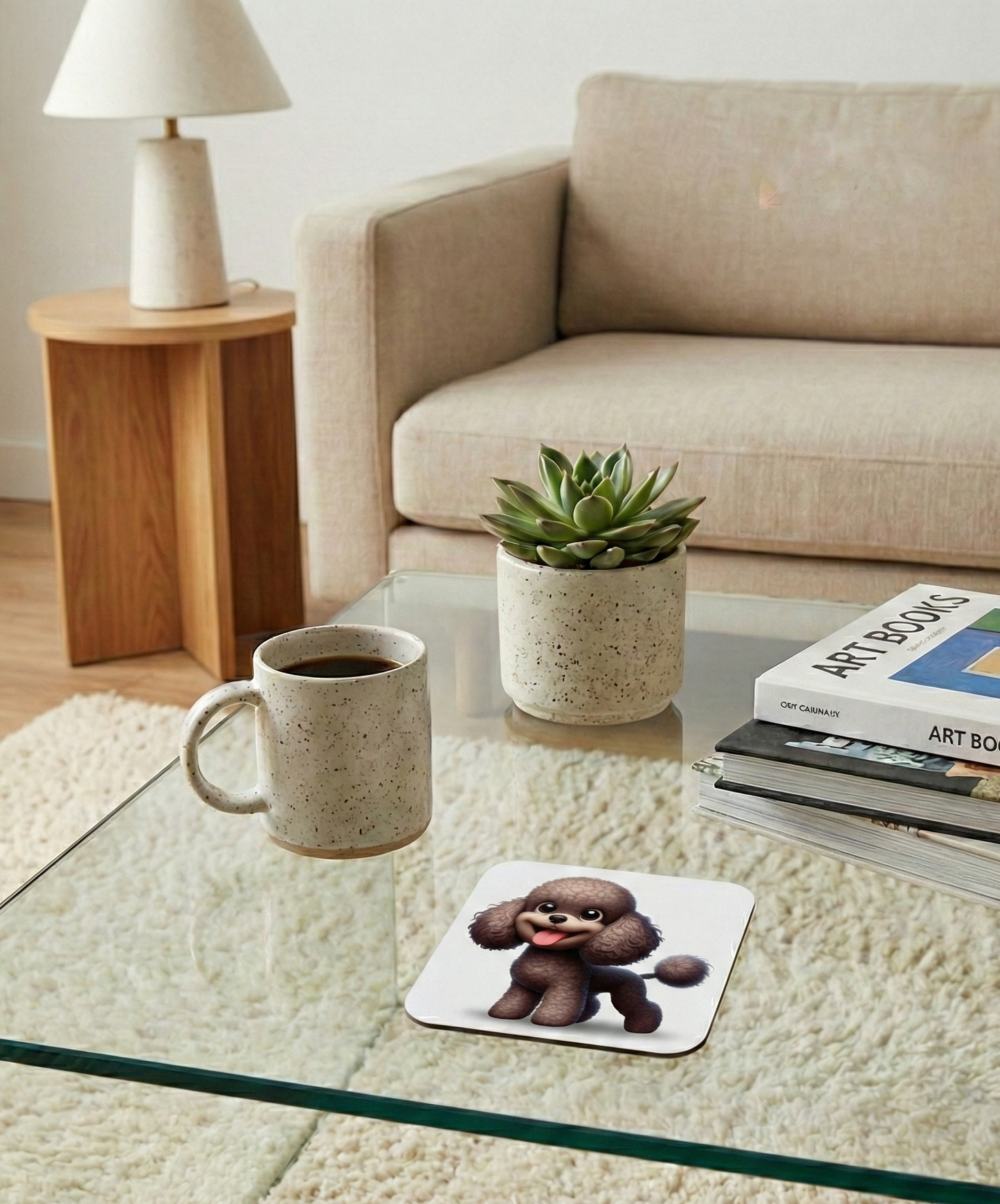 Brown curly Poodle dog coaster on a glass coffee table with a speckled mug and a small green succulent.