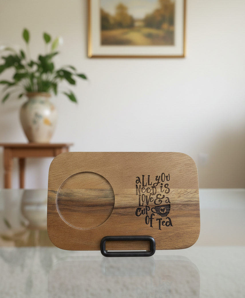 A dark brown wooden tea board featuring prominent grain and etched lettering, displayed flat on a glass table.