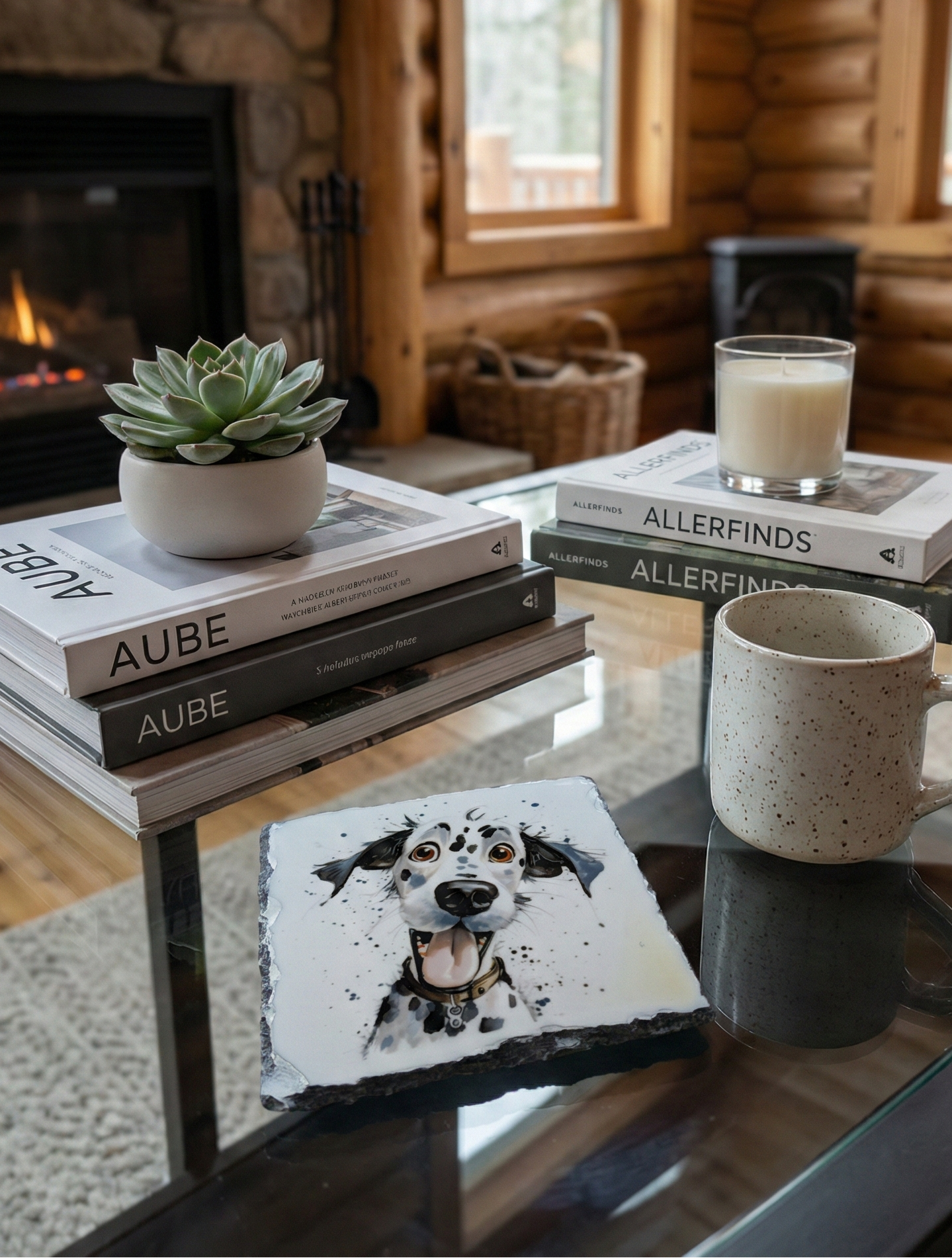 Slate coaster with a Dalmatian dog illustration, on a glass table with a speckled ceramic mug.