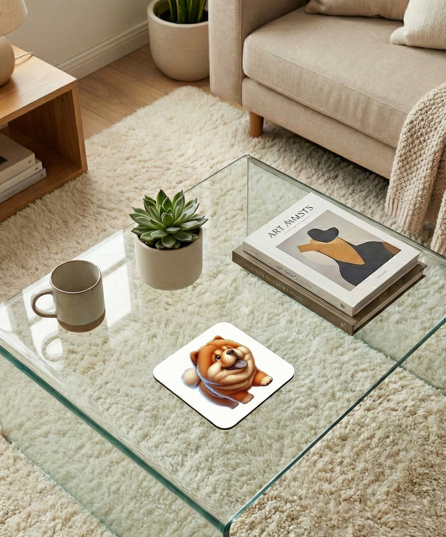 Fluffy red Chow Chow dog coaster on a glass table. A grey succulent pot and art books are in a neutral lounge.