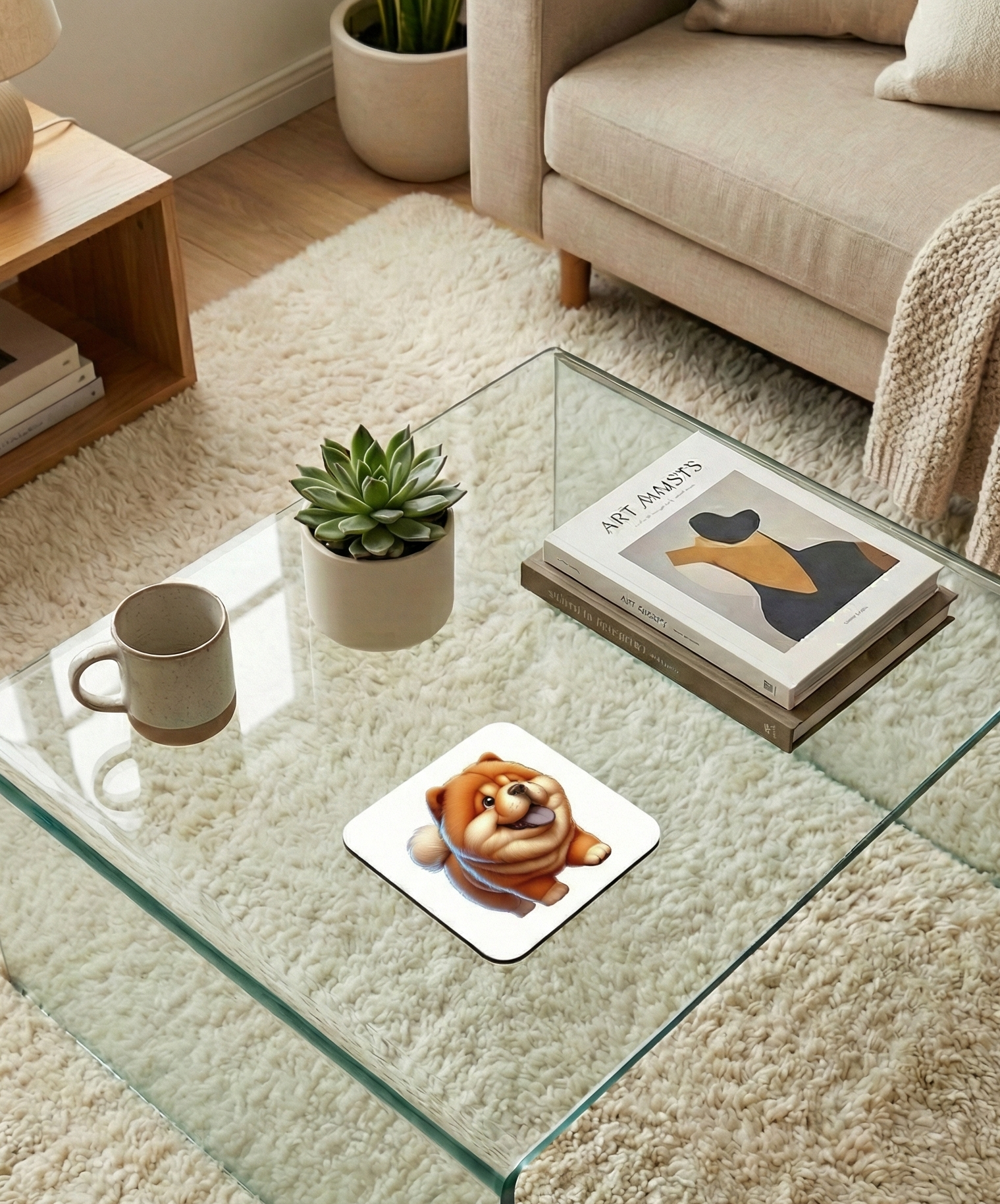 Fluffy red Chow Chow dog coaster on a glass table. A grey succulent pot and art books are in a neutral lounge.