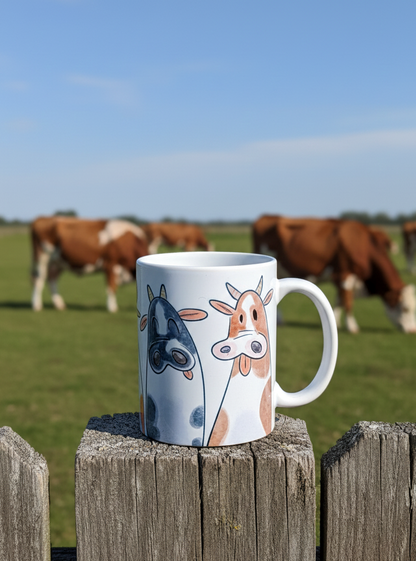 White mug featuring Blue/Grey and Brown cartoon cows, positioned on a square wooden fence post. Brown and White cattle graze behind.