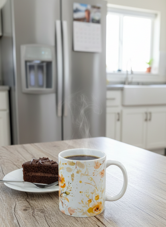 Steaming white floral mug next to dark chocolate cake on a light wood table. Bright white kitchen and Grey fridge are blurred in background.