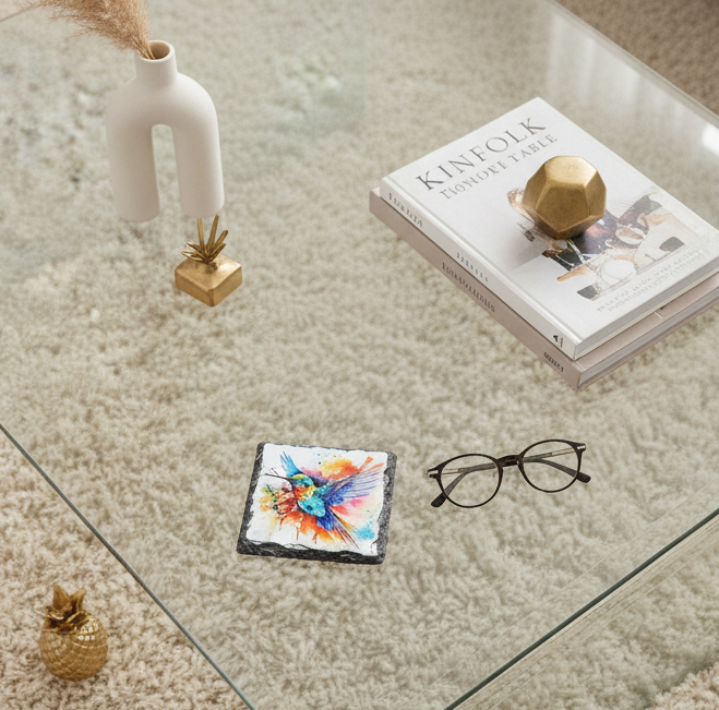 Square slate coaster showing a multicoloured hummingbird watercolour splash design, set near reading glasses.