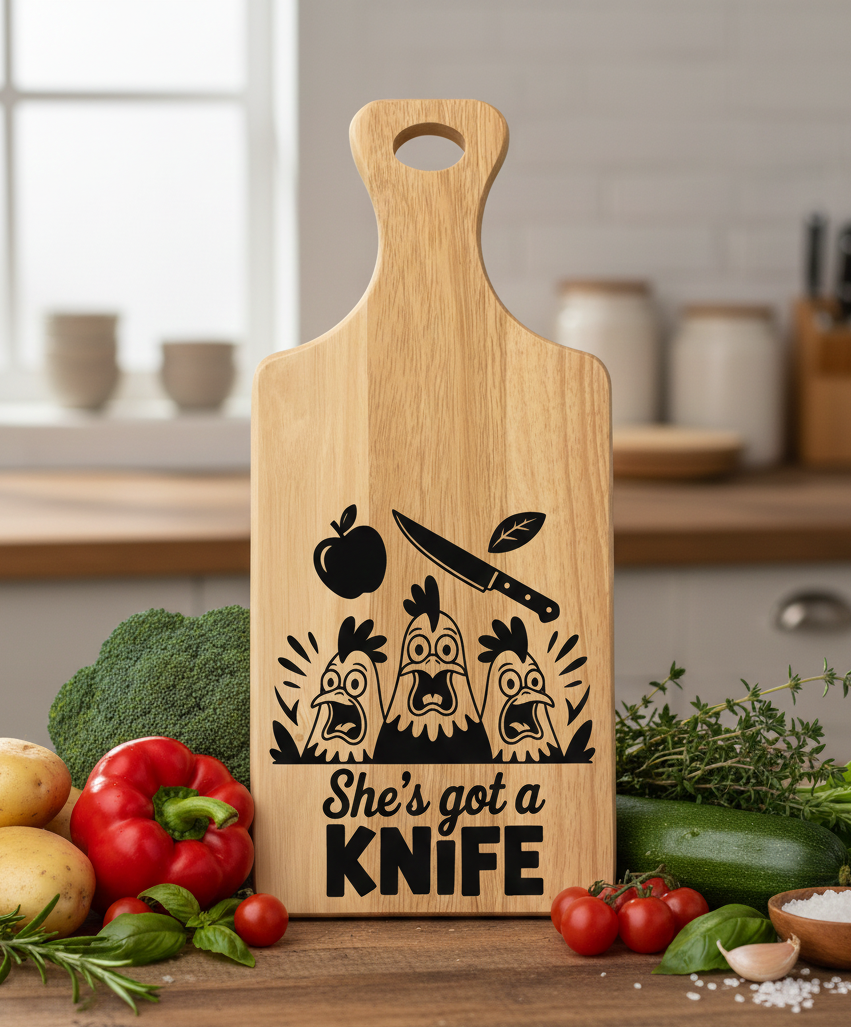 Tall light wood chopping board features black engraved art of three scared chickens and the text "She's got a KNIFE".