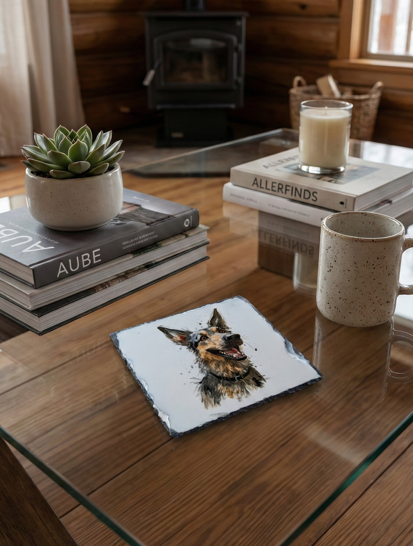 Stone coaster featuring a painted German Shepherd dog, on a glass table in a cosy, wood-panelled room.