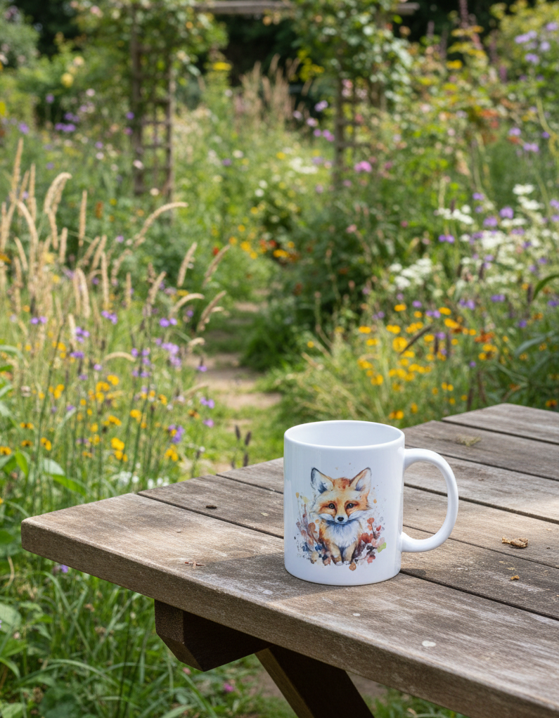 White ceramic mug with fox illustration on a dark, weathered wooden table. Blurred garden path and floral border background.