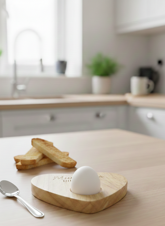 Blonde wooden heart-shaped egg board with a white boiled egg and two golden-brown toast soldiers. Silver spoon beside it.