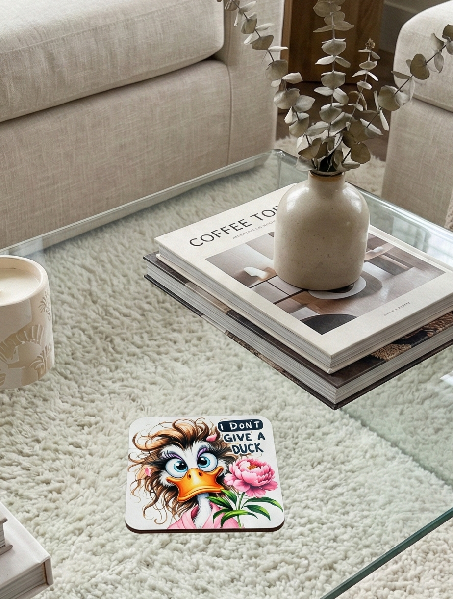 Composition showing a vase on stacked books atop a glass table and fluffy cream rug. The coaster features a brown-haired duck with a pink peony.