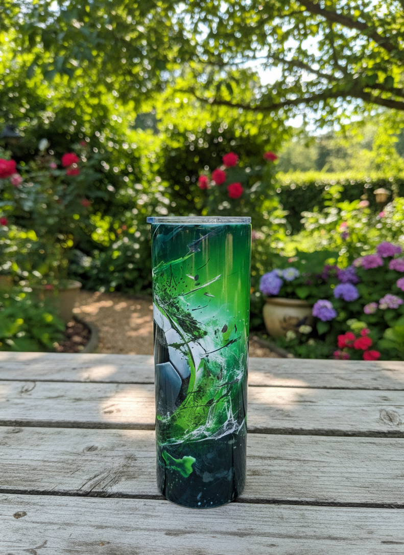 Side view of a green splash-patterned tumbler on a light wooden bench, with a blurred colourful flower garden behind.