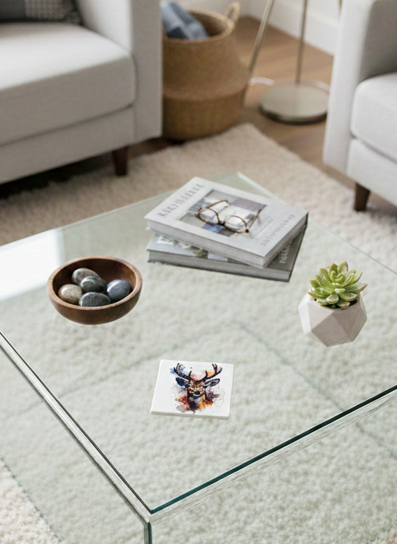 A stag watercolour coaster on a glass table with a wooden bowl of grey stones and a white geometric pot.