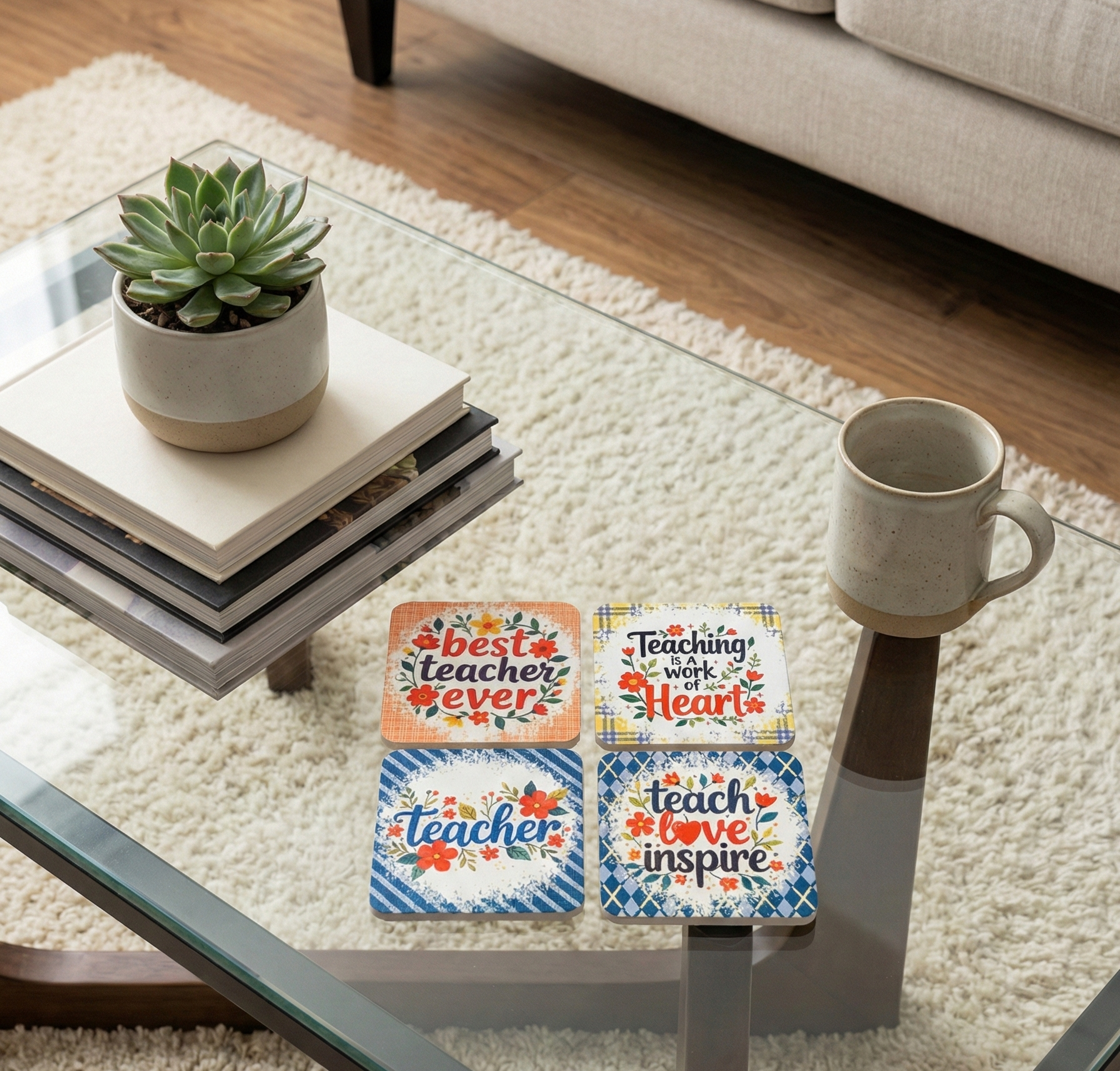 Four colourful square coasters with floral patterns and teacher quotes on a glass table near a succulent and mug.