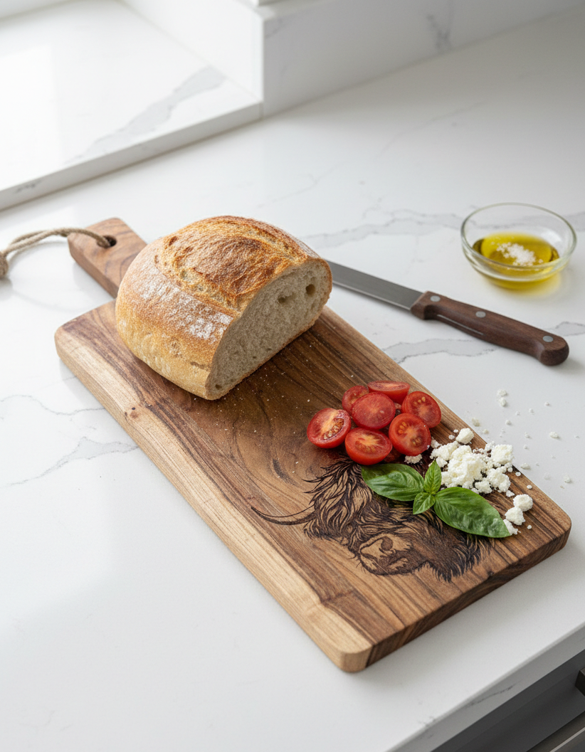 Rustic brown wooden board featuring a Highland Cow etching, topped with sliced bread, red tomatoes, white cheese, and basil.