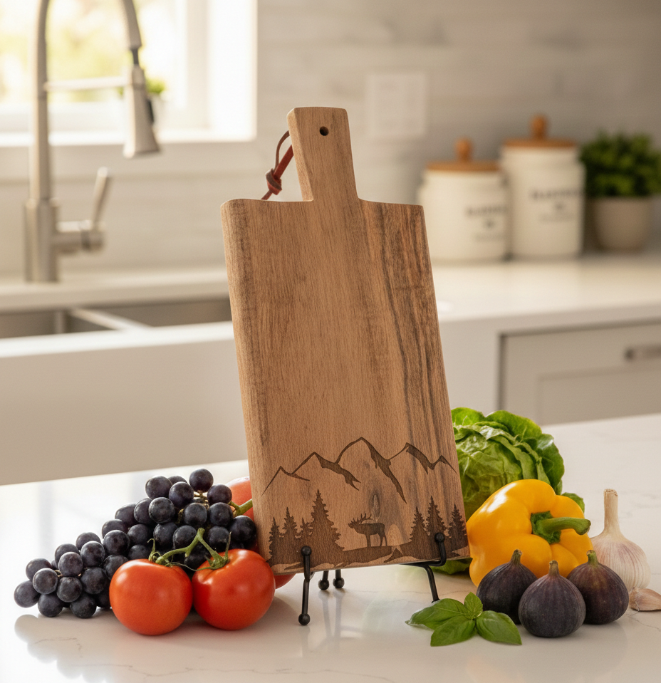 Light brown, rectangular wooden board featuring a detailed engraved mountain and moose design, surrounded by colourful fresh produce on a white counter.