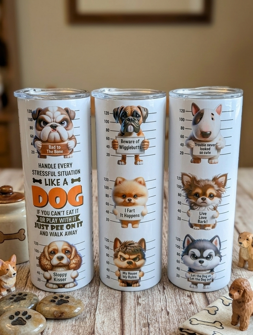 Three white tumblers with colourful dog lineup illustrations on a light wood surface with small dog figurines.