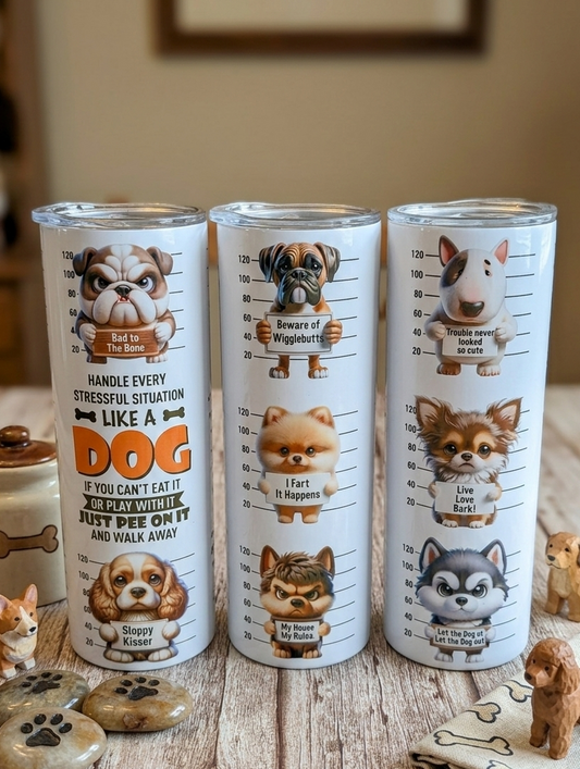 Three white tumblers with colourful dog lineup illustrations on a light wood surface with small dog figurines.
