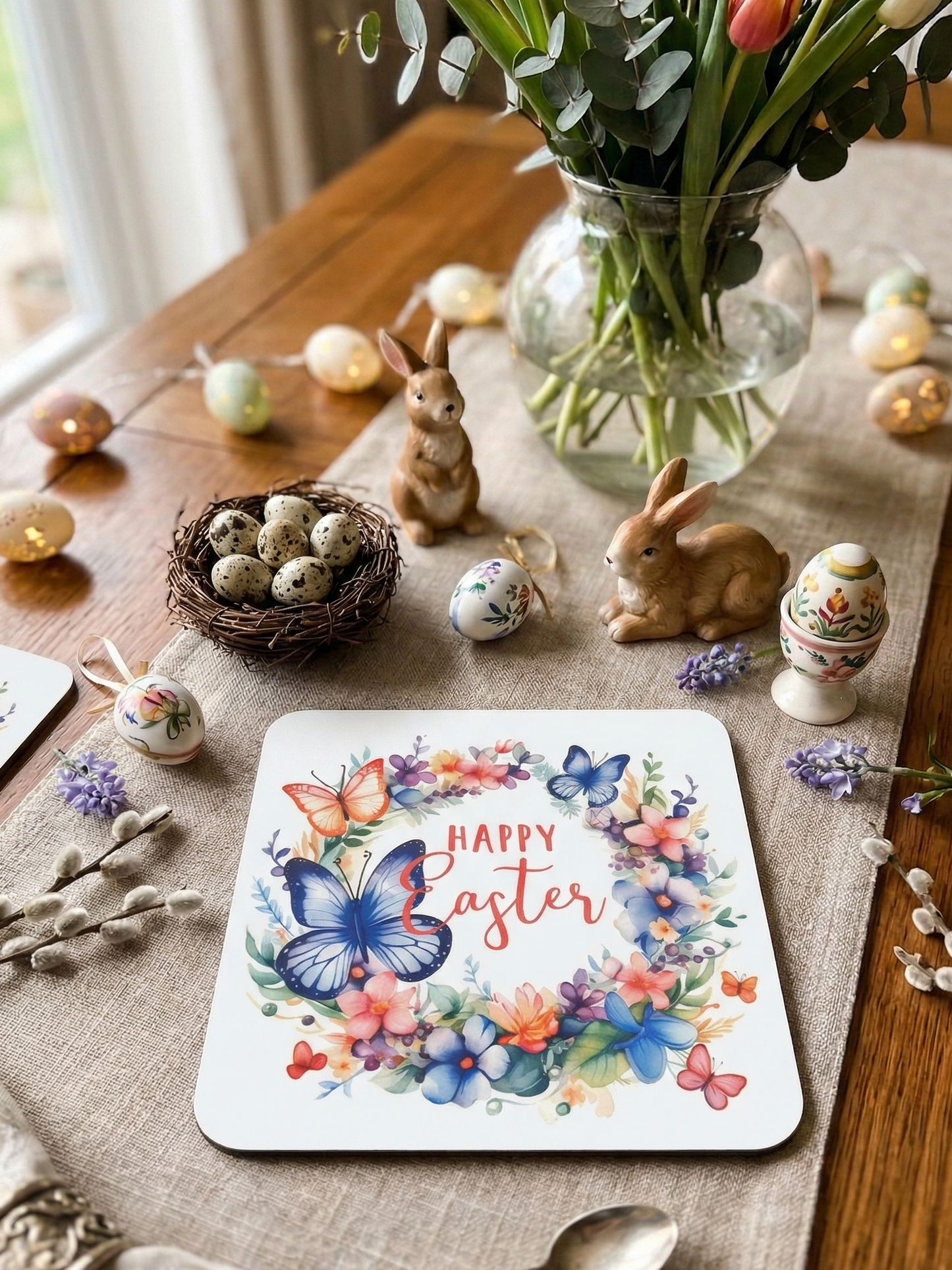 A white mat with a colourful floral wreath and blue butterfly on a textured runner, with pussy willow and ceramic eggs.
