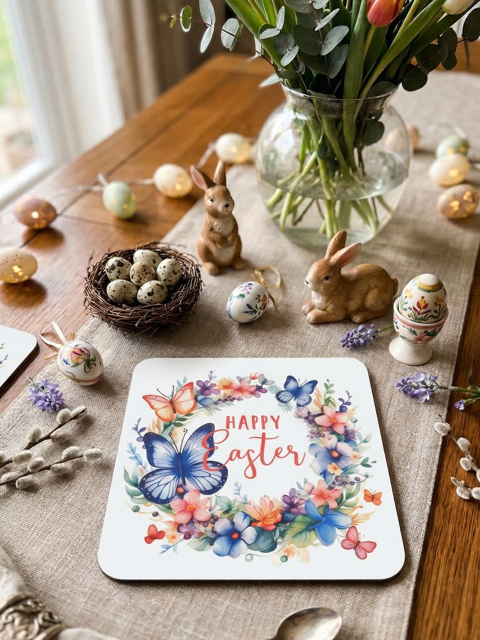 A white mat with a colourful floral wreath and blue butterfly on a textured runner, with pussy willow and ceramic eggs.