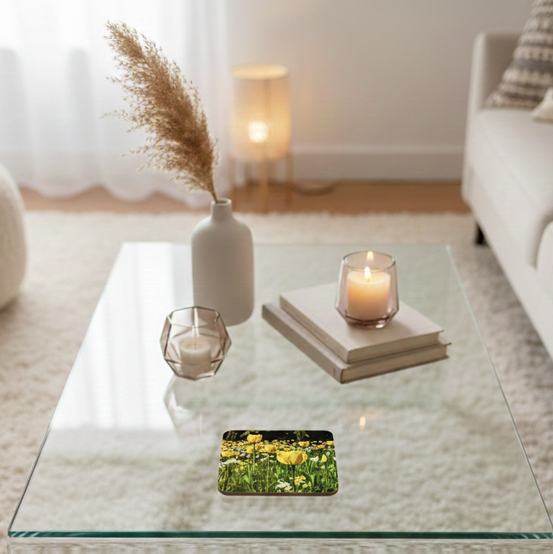 Square coaster featuring a field of yellow tulips on a glass table above a cream-coloured shaggy rug.