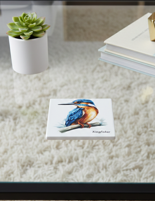 Square white coaster featuring a vibrant Kingfisher with reflective blue and rusty orange plumage. Above a light, fuzzy carpet.
