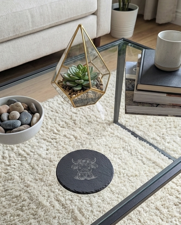 Round dark slate coaster with a detailed Highland cow etching on a glass table, near a gold geometric terrarium.